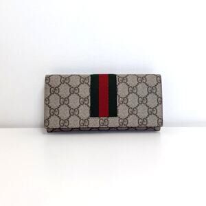 GUCCI GG Logo Stripe Web Long Bifold Wallet Continental Card Holder Monogram